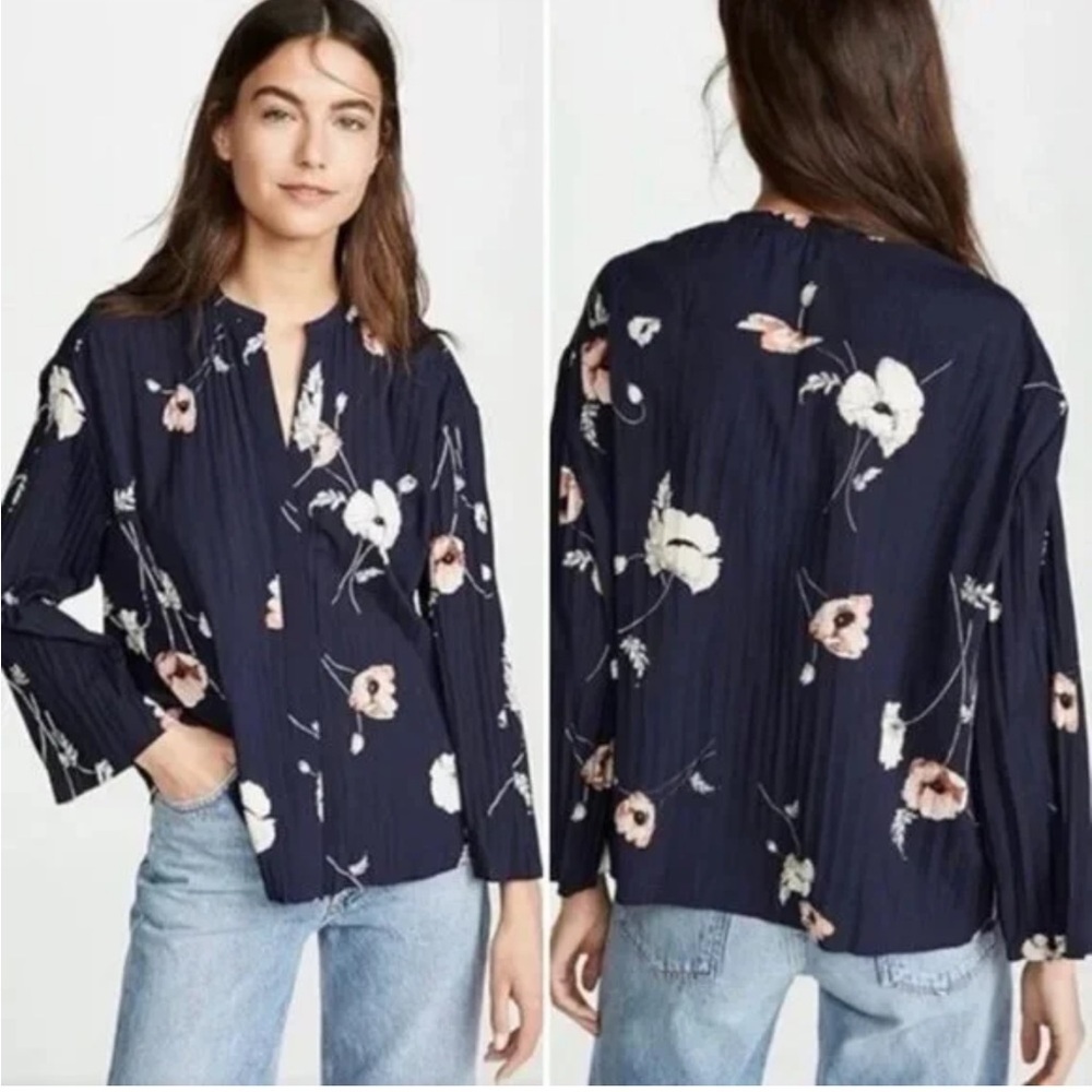 Vince Tossed Poppy Midnight Blue Floral Button Down blouse. Size M